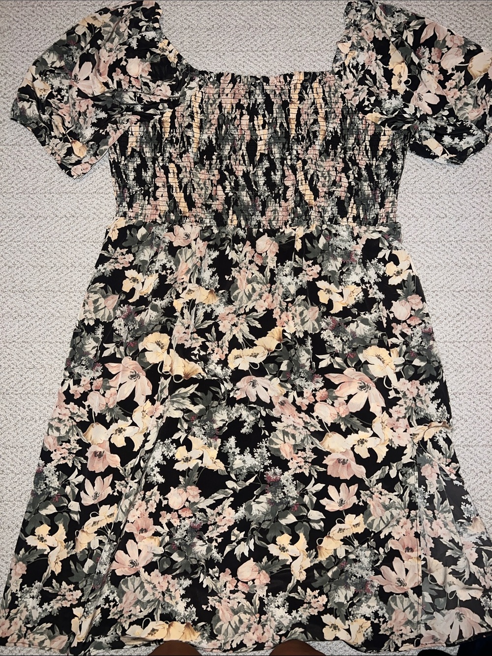 Maurices Black Smocked dress with Cream and Sage Floral Print
